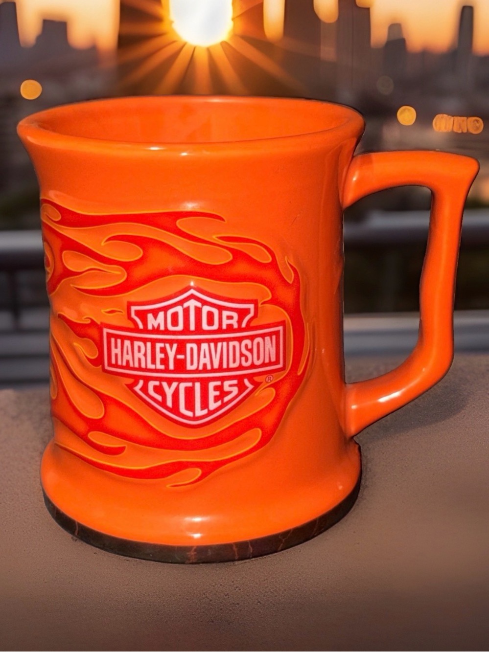 Harley-Davidson Orange Flame Embossed Ceramic Coffee Mug Bar & Shield Logo